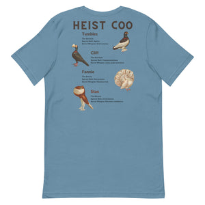 Blue bird t-shirt featuring a posse of show pigeons and describing their specific set of skills on the back of the shirt.. Back of shirt shown.