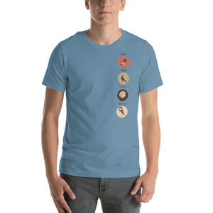 Light Blue bird t-shirt featuring a posse of show pigeons and describing their specific set of skills on the back of the shirt.. Front of shirt is shown with each pigeon in its own circle down the left side. On a male model.