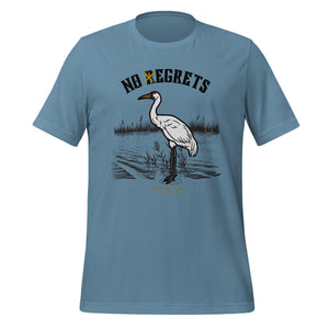 Blue bird shirt featuring a play on the "No Regrets" tattoo that has the "R" crossed out to say "No Egrets" with a Whooping Crane below in a wetland setting.