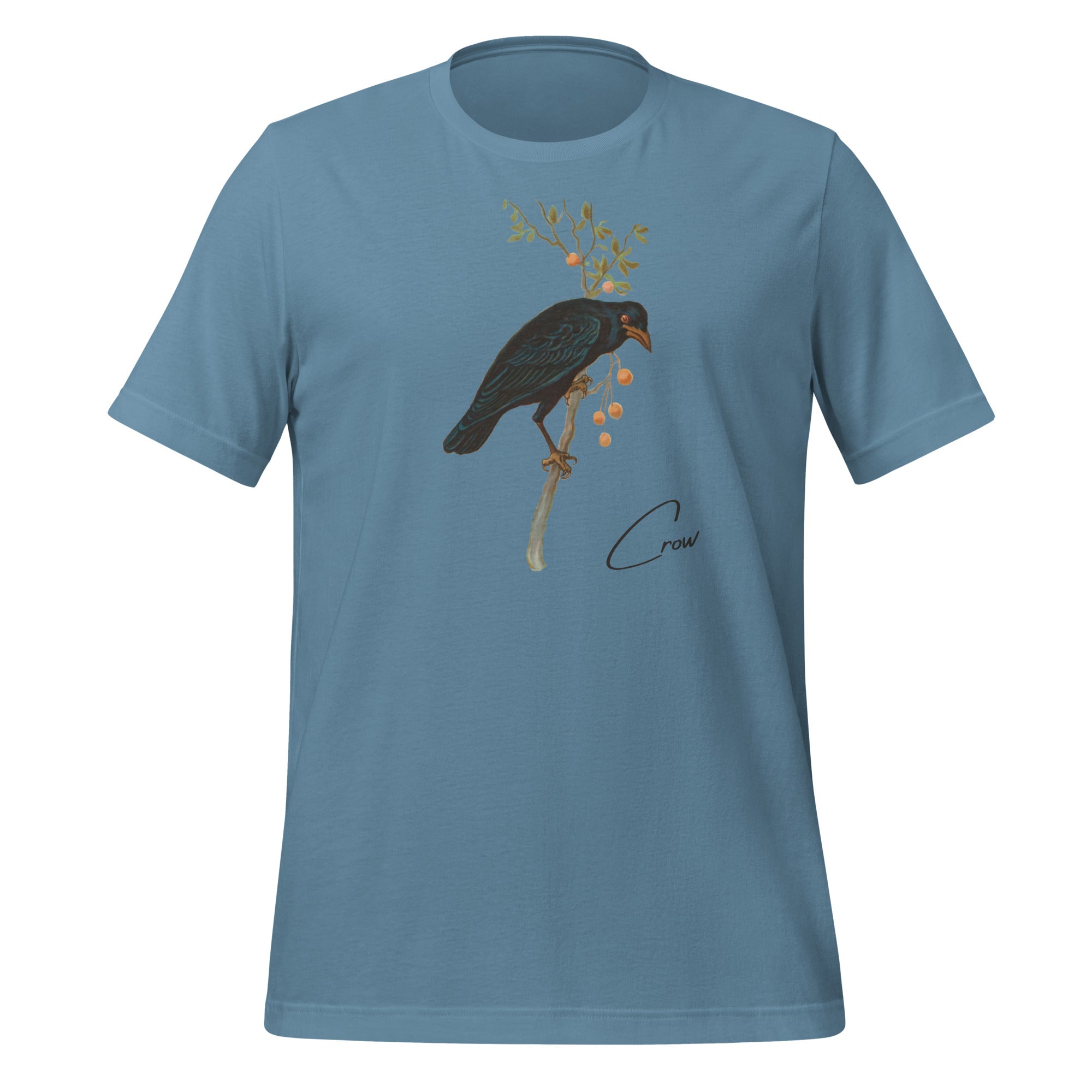 Blue bird shirt with vintage artwork of a crow and the word "Crow" written on the bottom left.