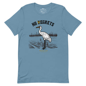 Blue bird shirt featuring a play on the "No Regrets" tattoo that has the "R" crossed out to say "No Egrets" with a Whooping Crane below in a wetland setting.