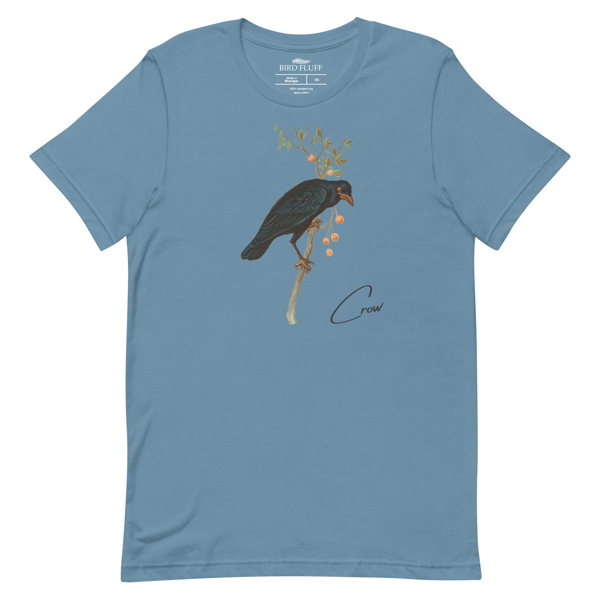 Blue bird shirt with vintage artwork of a crow and the word "Crow" written on the bottom left.