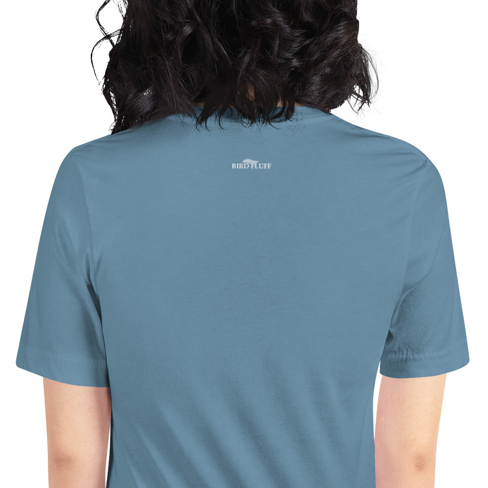 Blue bird shirt with vintage artwork of a crow and the word "Crow" written on the bottom left. Rear view showing small brand logo near collar.