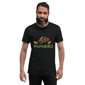 Charcoal black bird t-shirt with a graphic of a woodpecker on a log with some oak leaves and the text, "The Papa Bird" on the front, worn by a male model.