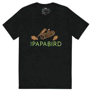 Charcoal black bird t-shirt with a graphic of a woodpecker on a log with some oak leaves and the text, "The Papa Bird" on the front.