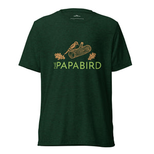 Emerald green bird t-shirt with a graphic of a woodpecker on a log with some oak leaves and the text, "The Papa Bird" on the front.