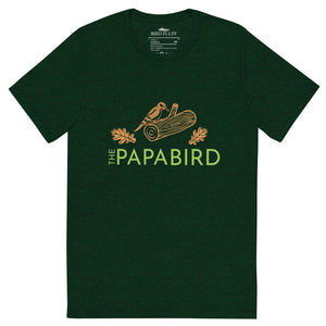 Emerald green bird t-shirt with a graphic of a woodpecker on a log with some oak leaves and the text, "The Papa Bird" on the front.