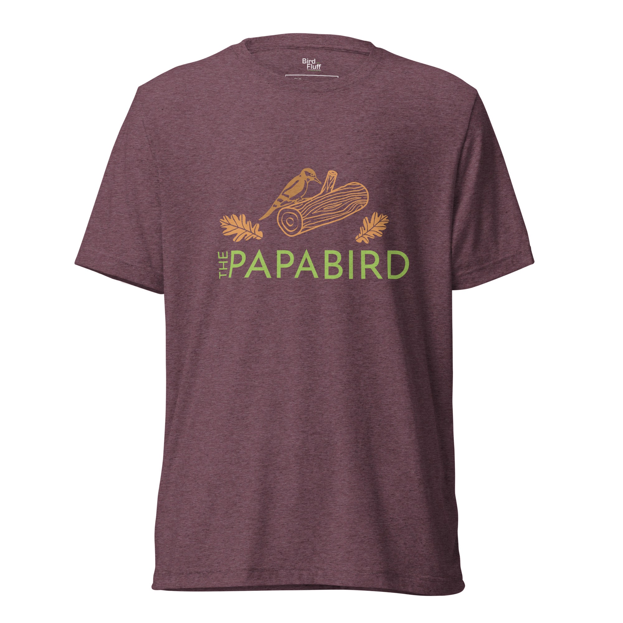 Dark red bird t-shirt with a graphic of a woodpecker on a log with some oak leaves and the text, "The Papa Bird" on the front.