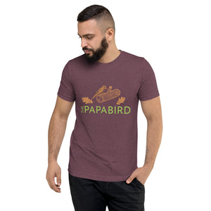 Dark red bird t-shirt with a graphic of a woodpecker on a log with some oak leaves and the text, "The Papa Bird" on the front, worn by a male model.