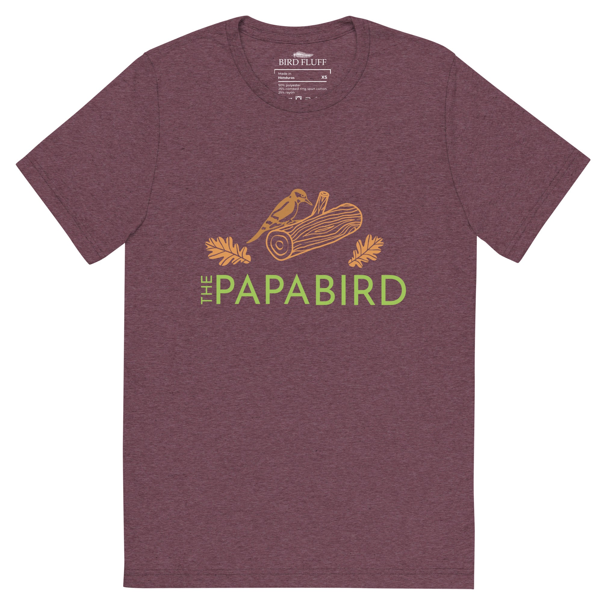 Dark red bird t-shirt with a graphic of a woodpecker on a log with some oak leaves and the text, "The Papa Bird" on the front.