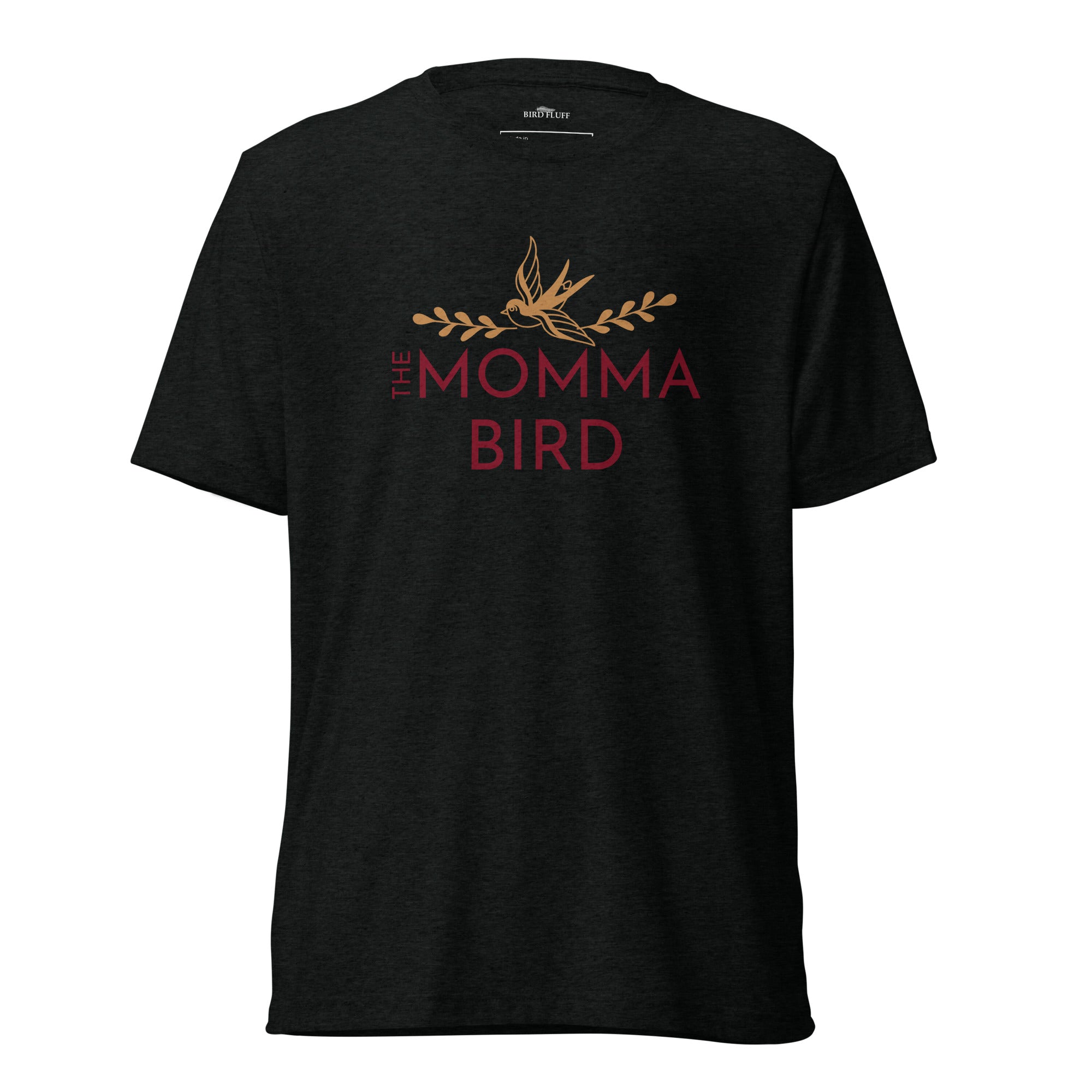 Solid black premium bird t-shirt with a bird graphic and the words The Momma Bird on the front.