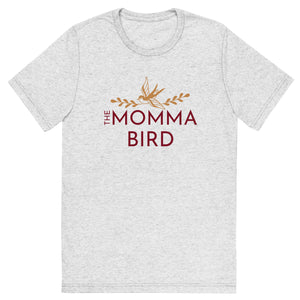 White fleck premium bird t-shirt with a bird graphic and the words The Momma Bird on the front.