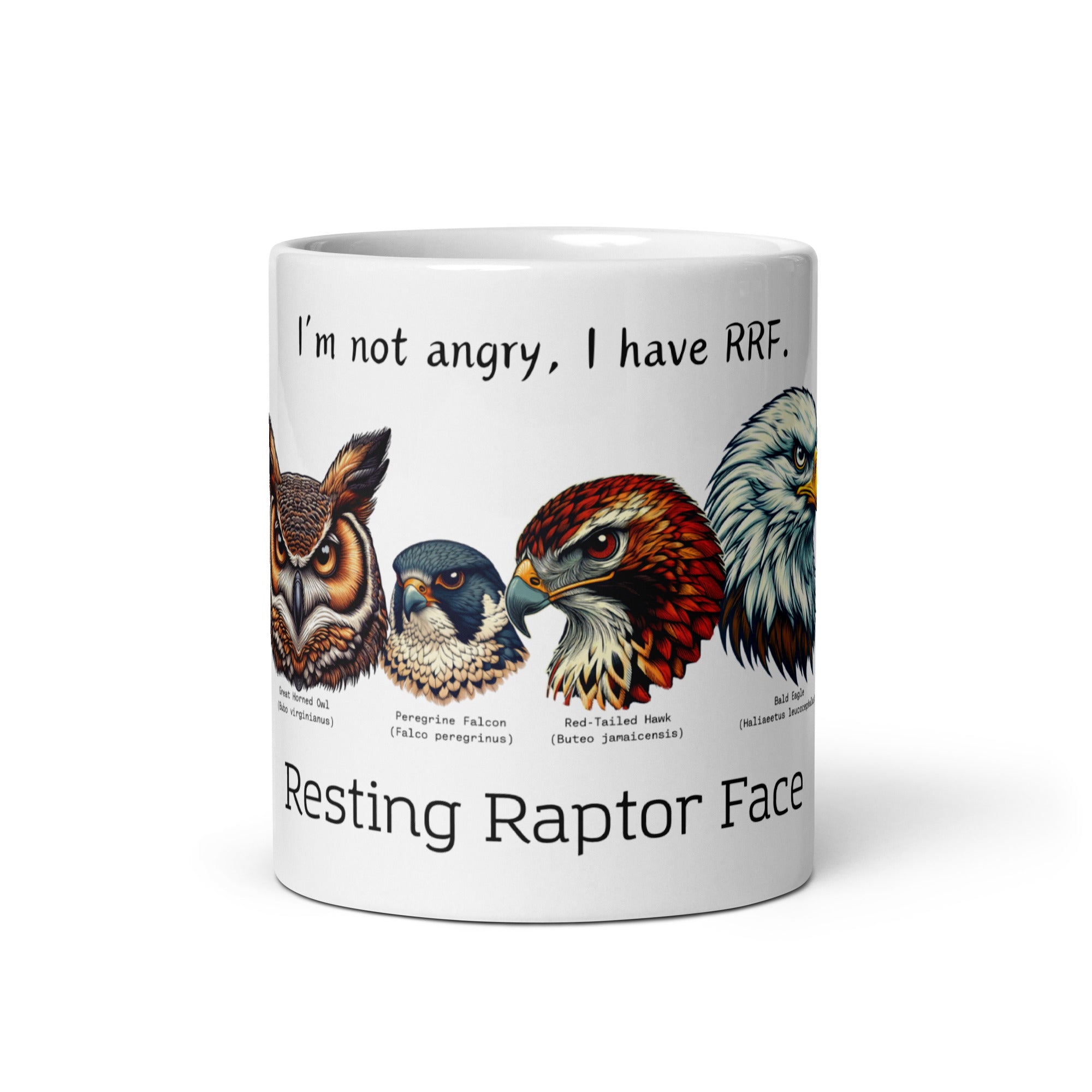 White 20oz mug with illustrations of a Great Horned Owl, Peregrine, Red-Tailed Hawk and Bald Eagle and the words "I'm Not Angry, I have RRF. Resting Raptor Face" above and below the birds..