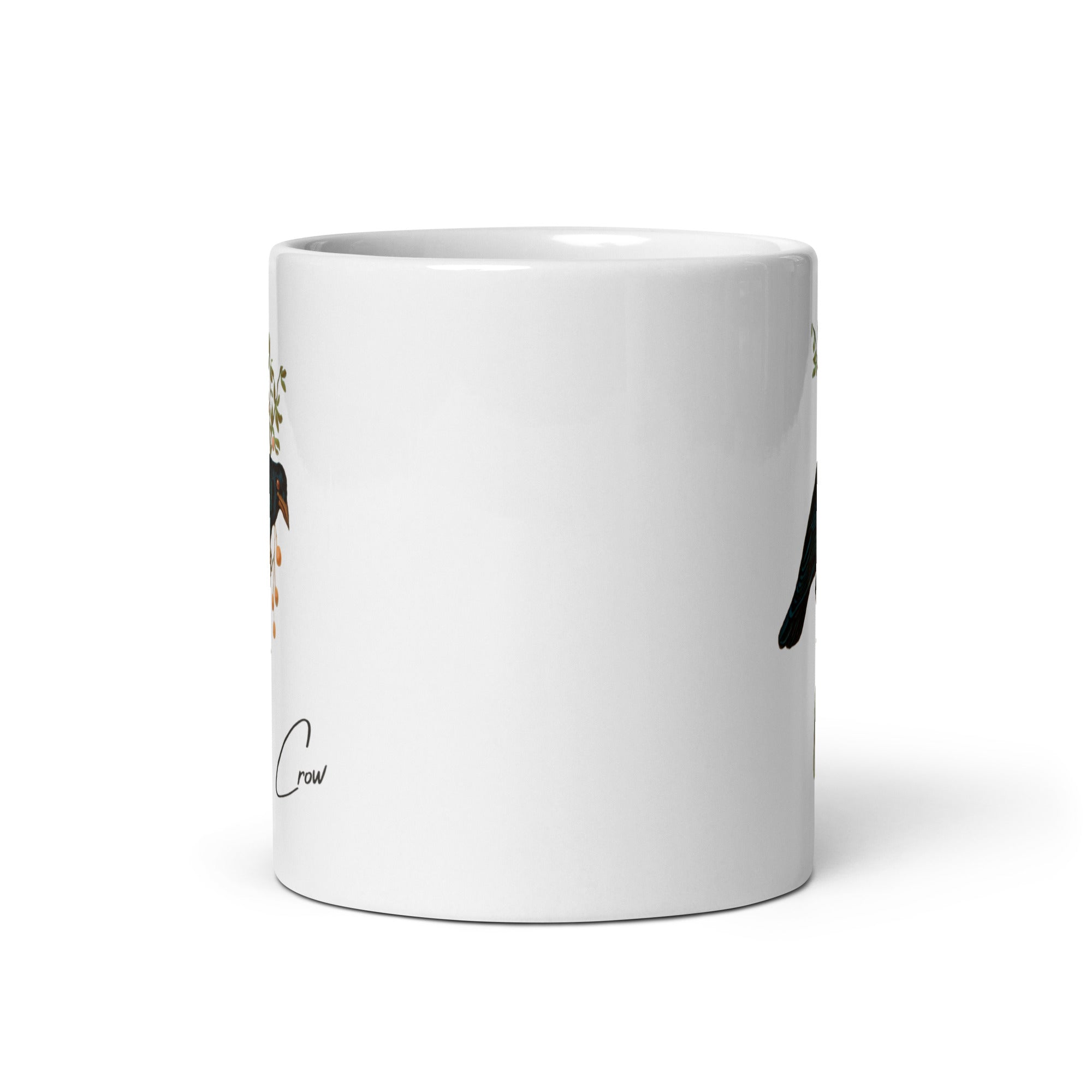 White 11oz mug with a vintage illustration of a Crow and the words "Crow" next to the bird.