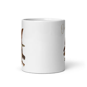 White 11oz mug with a vintage illustration of a Osprey in flight with a fish and the words "Osprey" next to the bird.