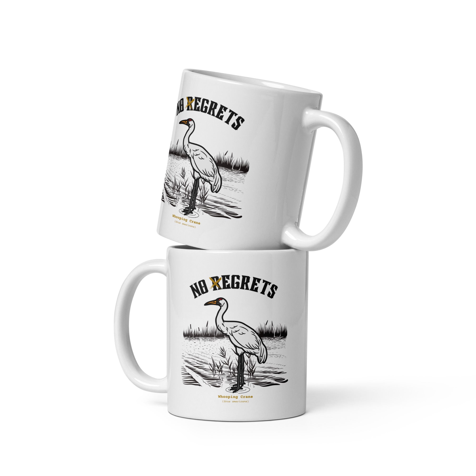 White 20-ounce mug featuring a play on the "No Regrets" tattoo that has the "R" crossed out to say "No Egrets" with a Whooping Crane below in a wetland setting. 