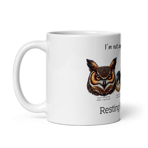 White 11oz mug with illustrations of a Great Horned Owl, Peregrine, Red-Tailed Hawk and Bald Eagle and the words "I'm Not Angry, I have RRF. Resting Raptor Face" above and below the birds..