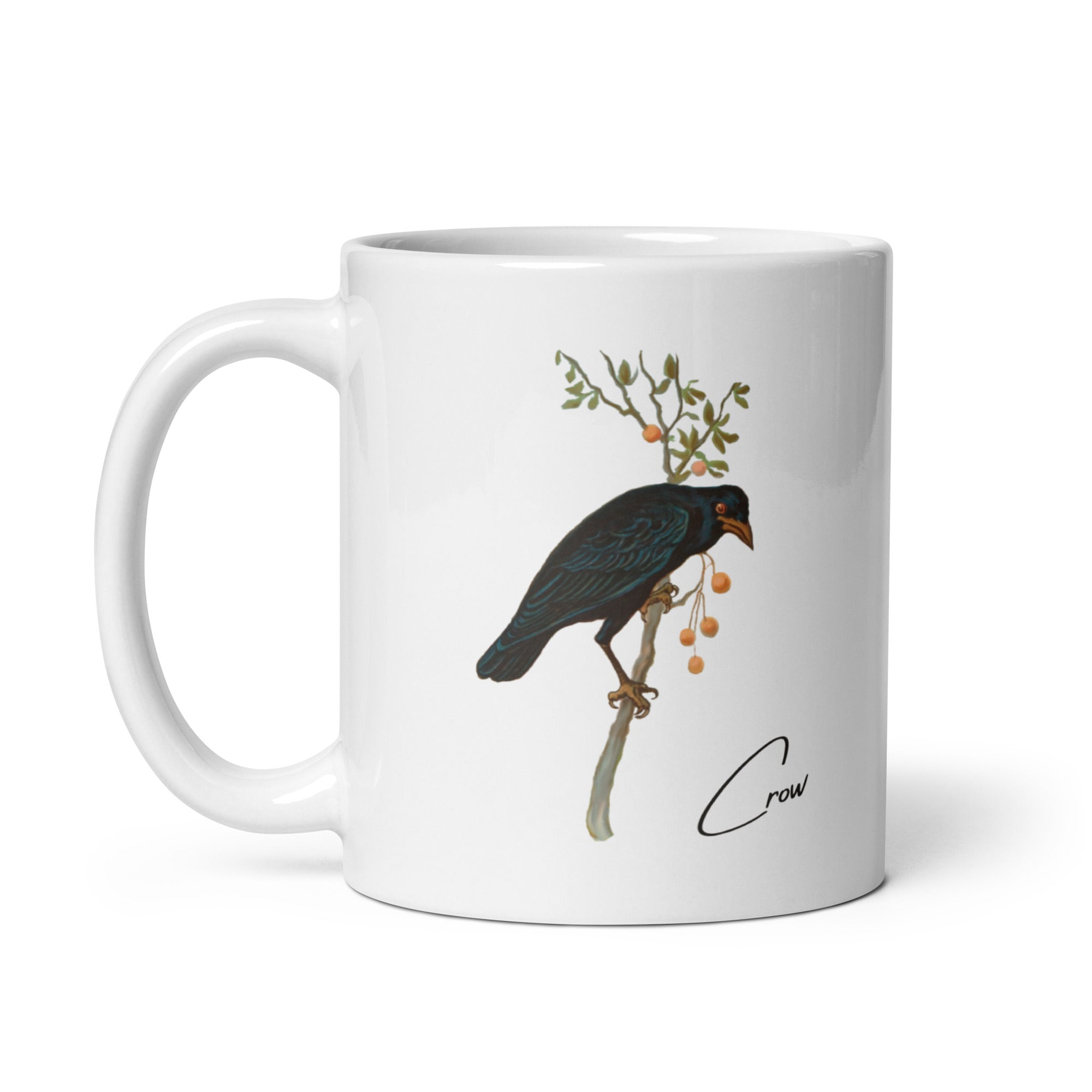 White 11oz mug with a vintage illustration of a Crow and the words "Crow" next to the bird.