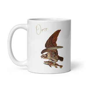 White 11oz mug with a vintage illustration of a Osprey in flight with a fish and the words "Osprey" next to the bird.