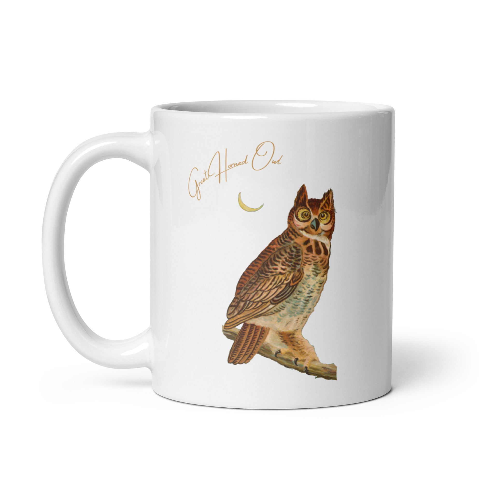 White 11oz mug with a vintage illustration of a Great Horned Owl and the words "Great Horned Owl" next to the bird.