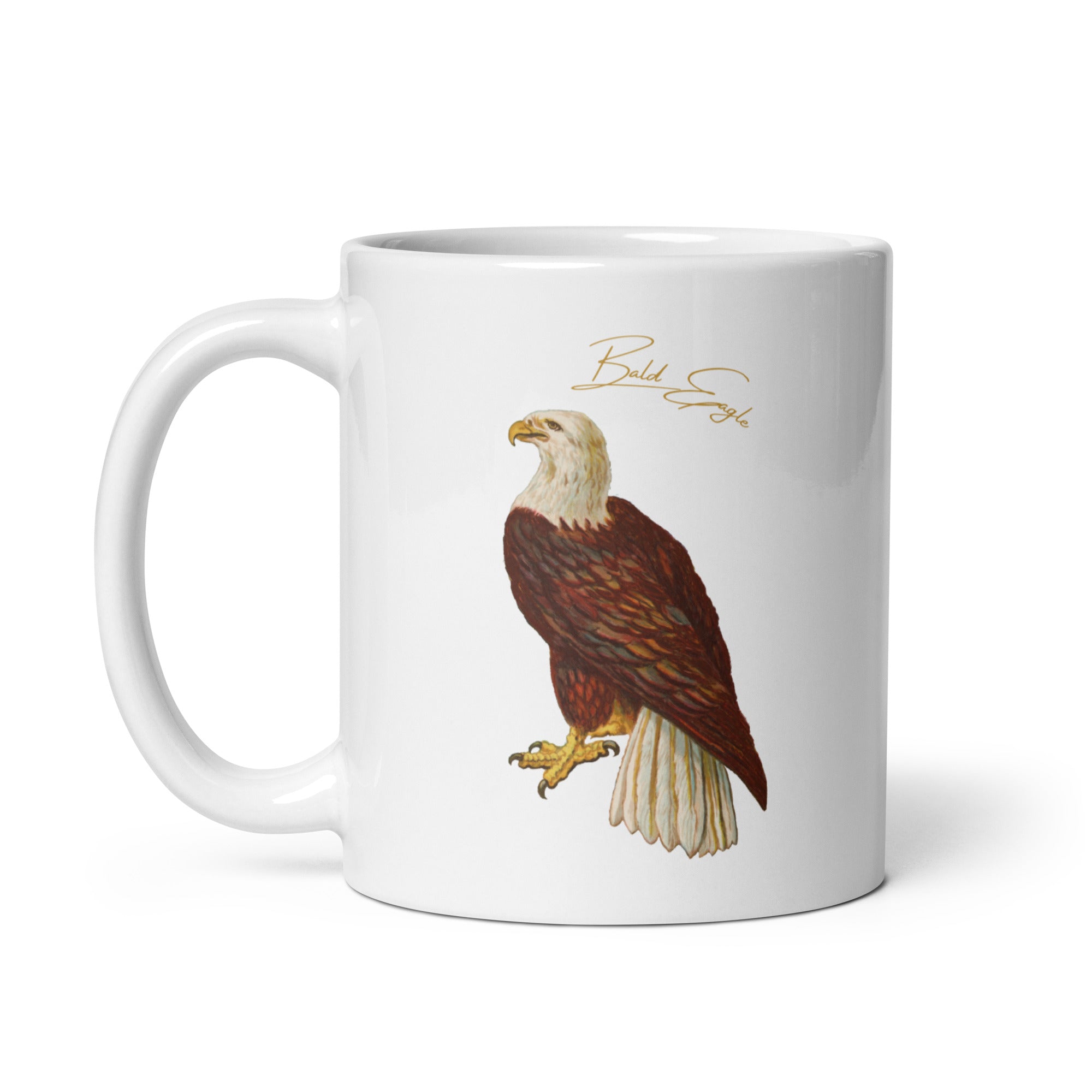 White 11oz mug with a vintage illustration of a Bald Eagle and the words "Bald Eagle" next to the bird.