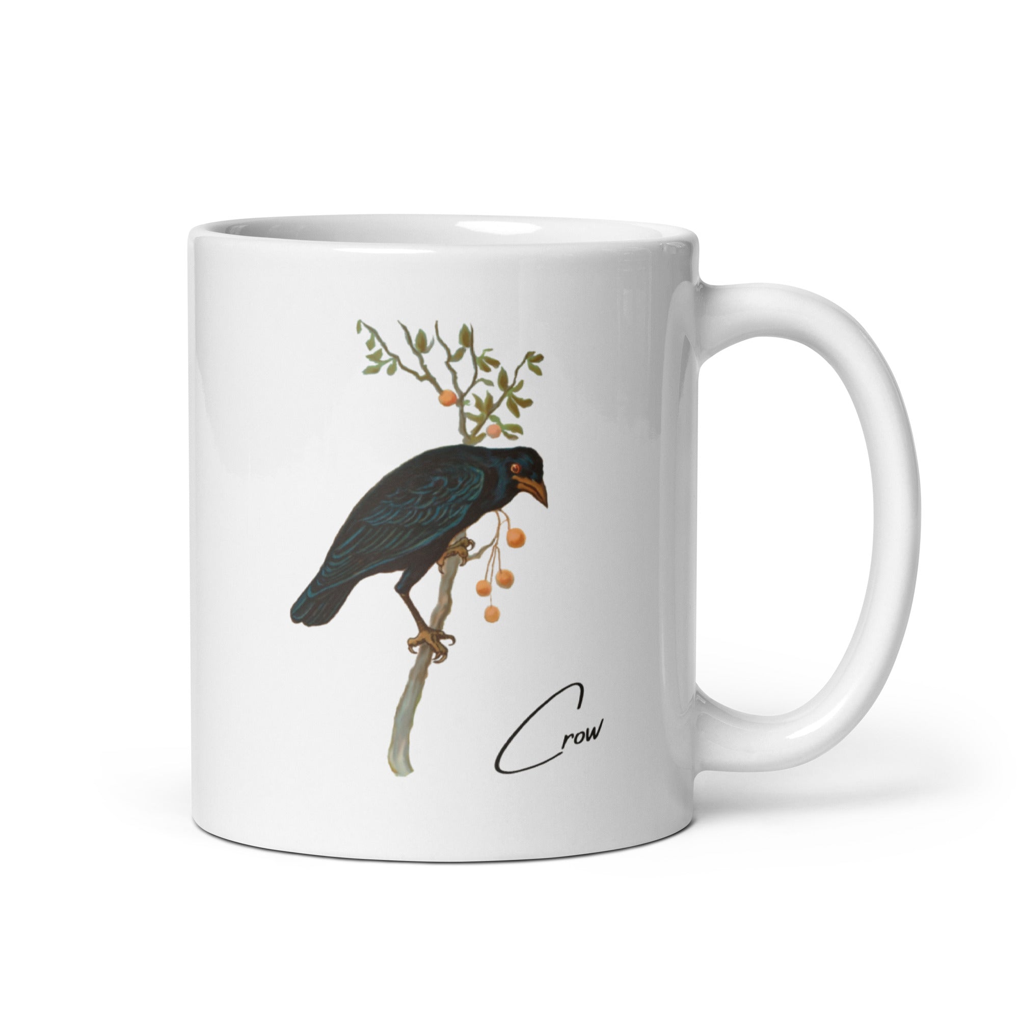 White 20oz mug with a vintage illustration of a Crow and the words "Crow" next to the bird.