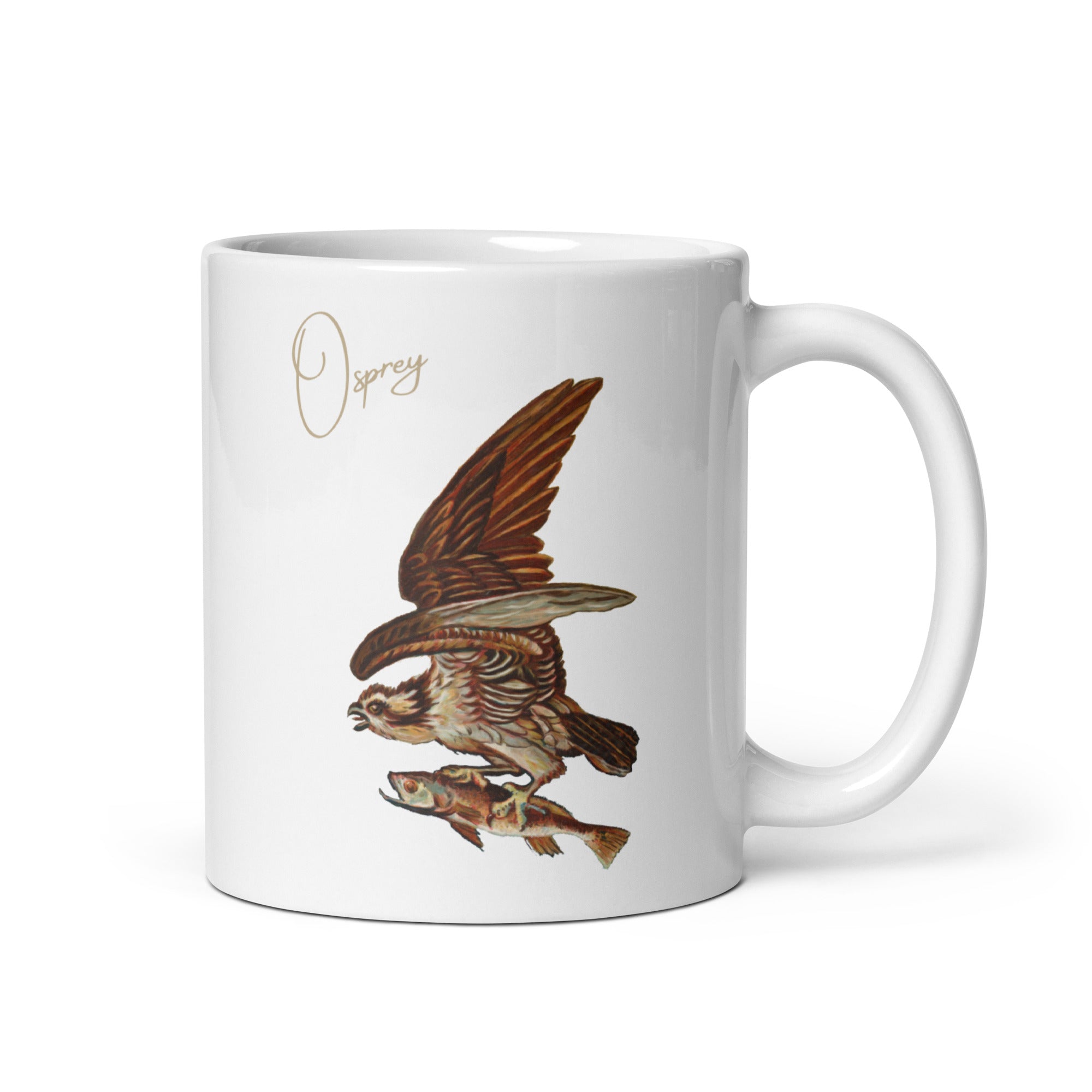 White 20oz mug with a vintage illustration of a Osprey in flight with a fish and the words "Osprey" next to the bird.