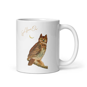 White 11oz mug with a vintage illustration of a Great Horned Owl and the words "Great Horned Owl" next to the bird.