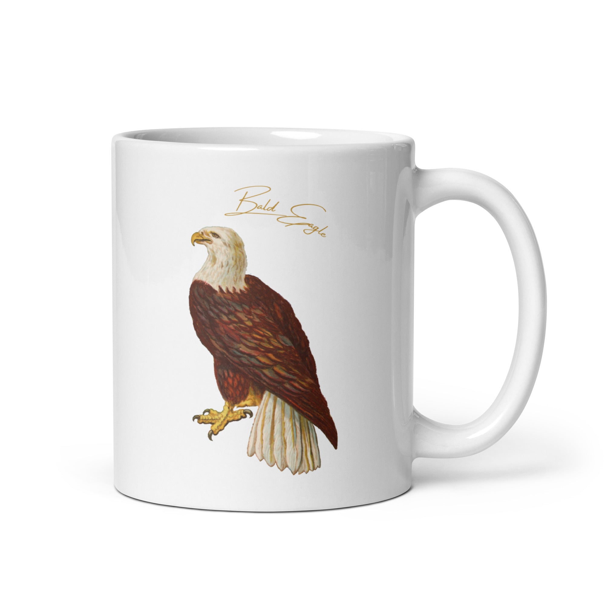 White 20oz mug with a vintage illustration of a Bald Eagle and the words "Bald Eagle" next to the bird.