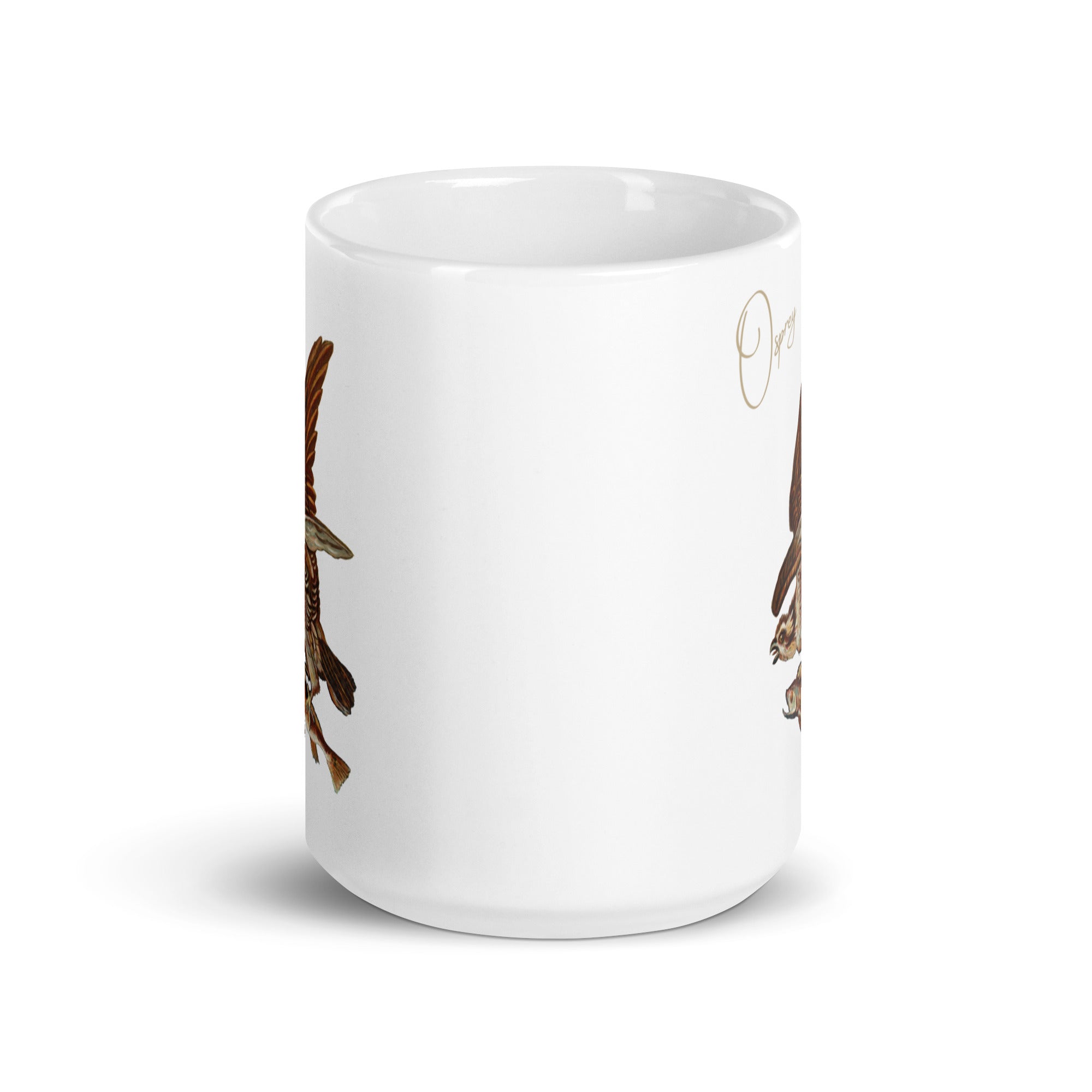 White 15oz mug with a vintage illustration of a Osprey in flight with a fish and the words "Osprey" next to the bird.