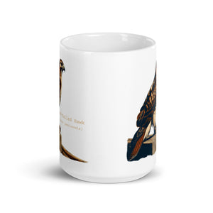 White 15oz mug with an illustration of a Red-Tailed Hawk on a fence and the common and scientific names next to the illustration.