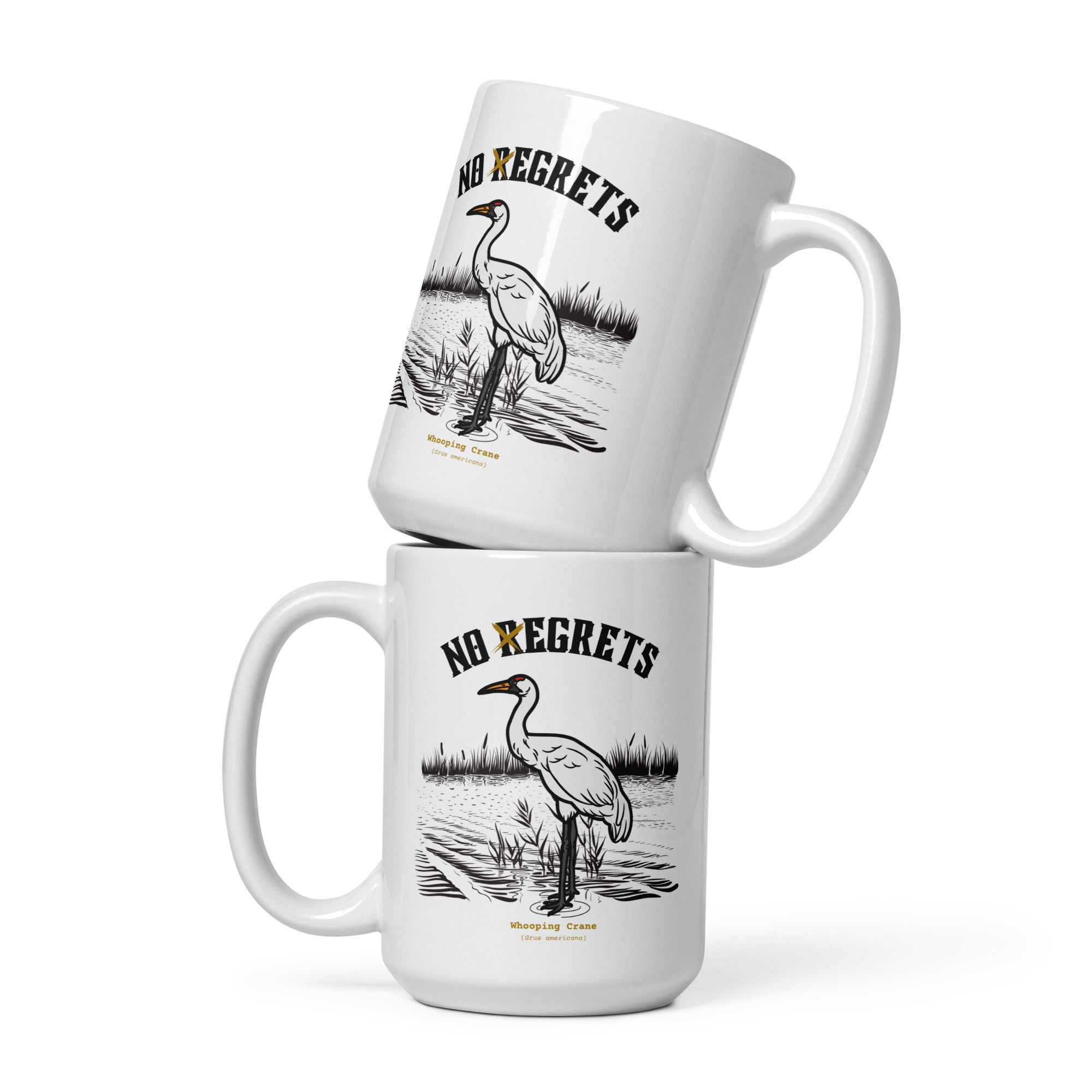 White 15-ounce mug featuring a play on the "No Regrets" tattoo that has the "R" crossed out to say "No Egrets" with a Whooping Crane below in a wetland setting. 