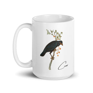 White 15oz mug with a vintage illustration of a Crow and the words "Crow" next to the bird.