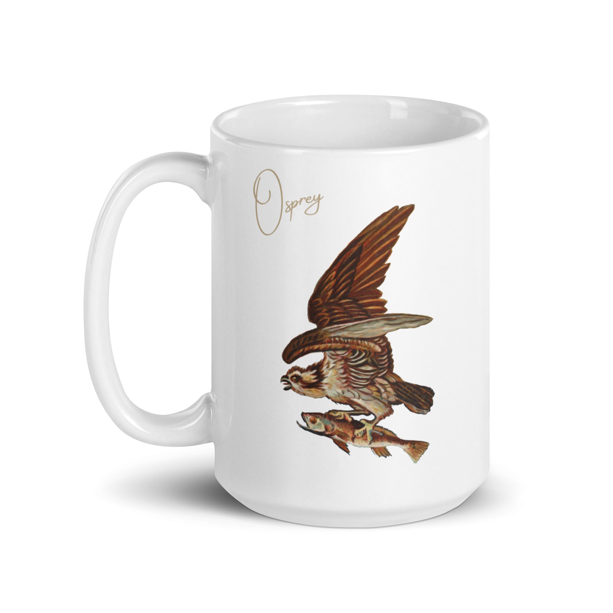 White 15oz mug with a vintage illustration of a Osprey in flight with a fish and the words "Osprey" next to the bird.