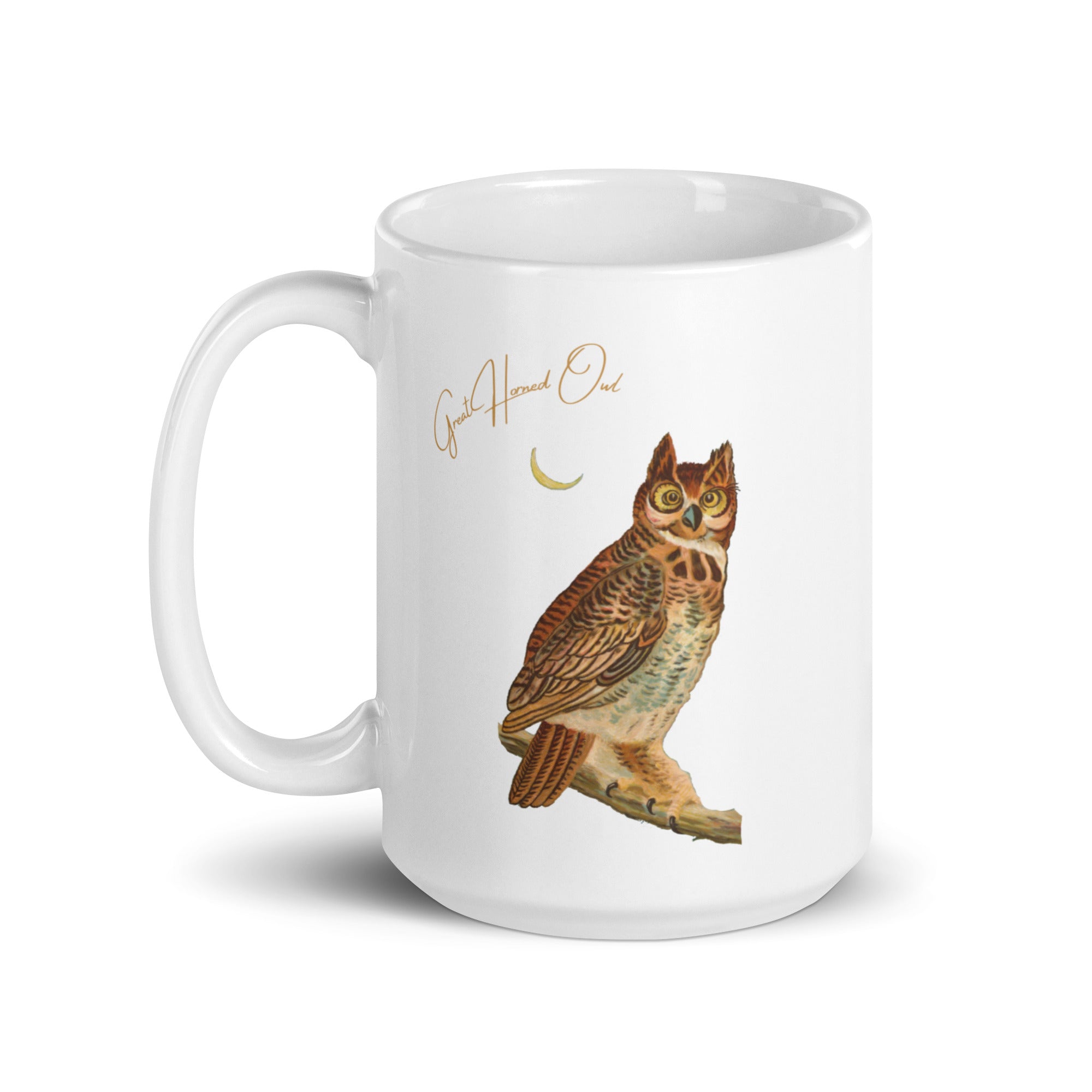 White 15oz mug with a vintage illustration of a Great Horned Owl and the words "Great Horned Owl" next to the bird.