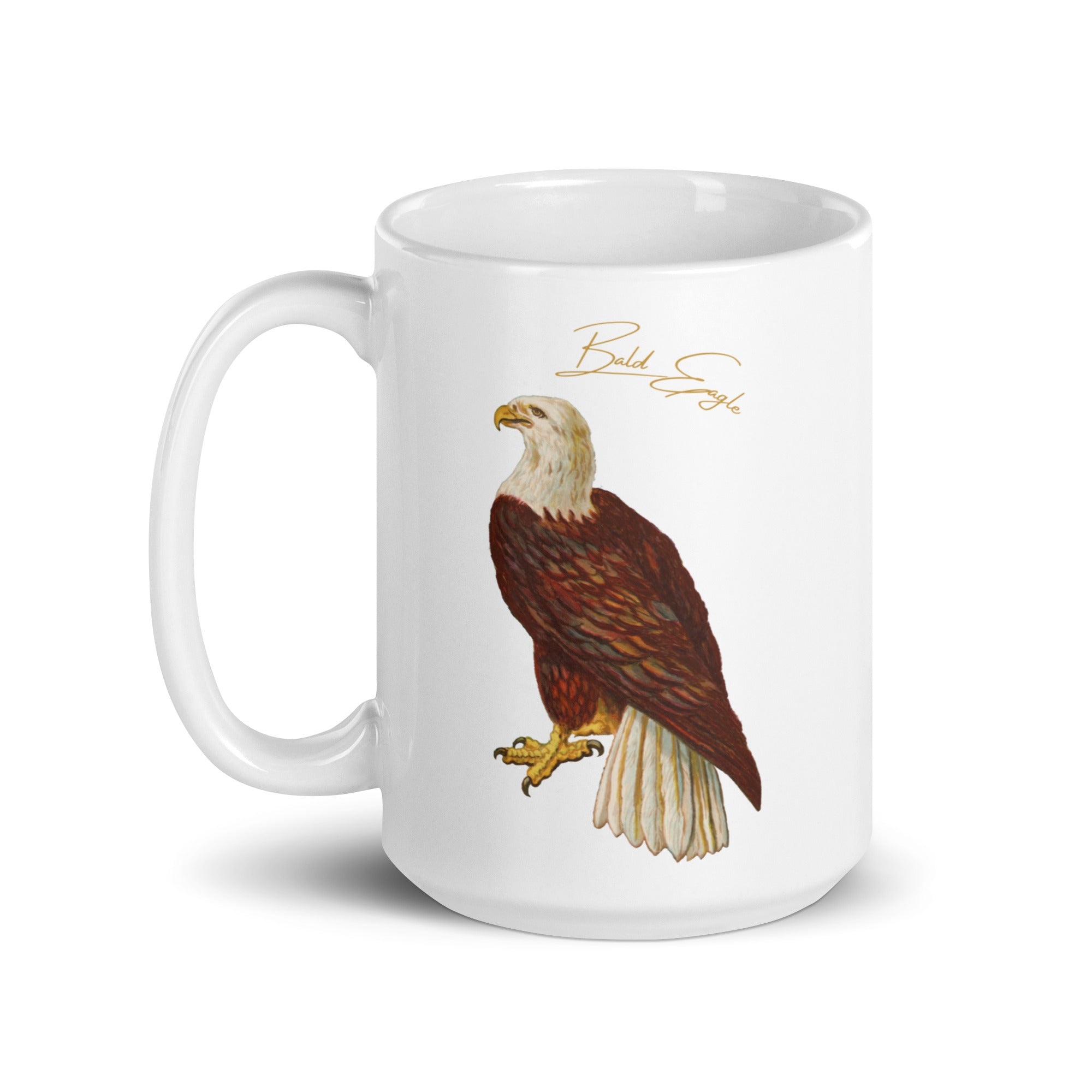 White 15oz mug with a vintage illustration of a Bald Eagle and the words "Bald Eagle" next to the bird.