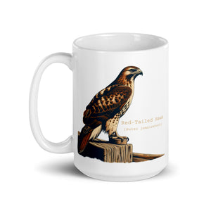 White 15oz mug with an illustration of a Red-Tailed Hawk on a fence and the common and scientific names next to the illustration.