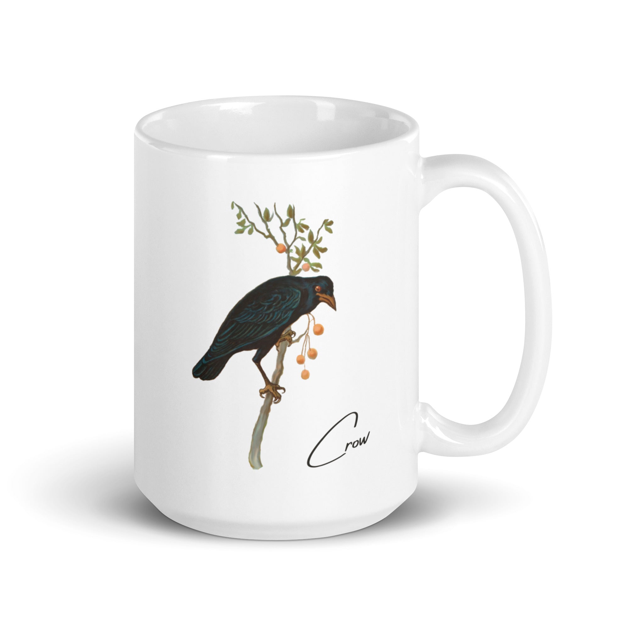 White 15oz mug with a vintage illustration of a Crow and the words "Crow" next to the bird.