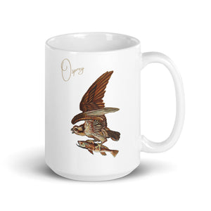 White 15oz mug with a vintage illustration of a Osprey in flight with a fish and the words "Osprey" next to the bird.