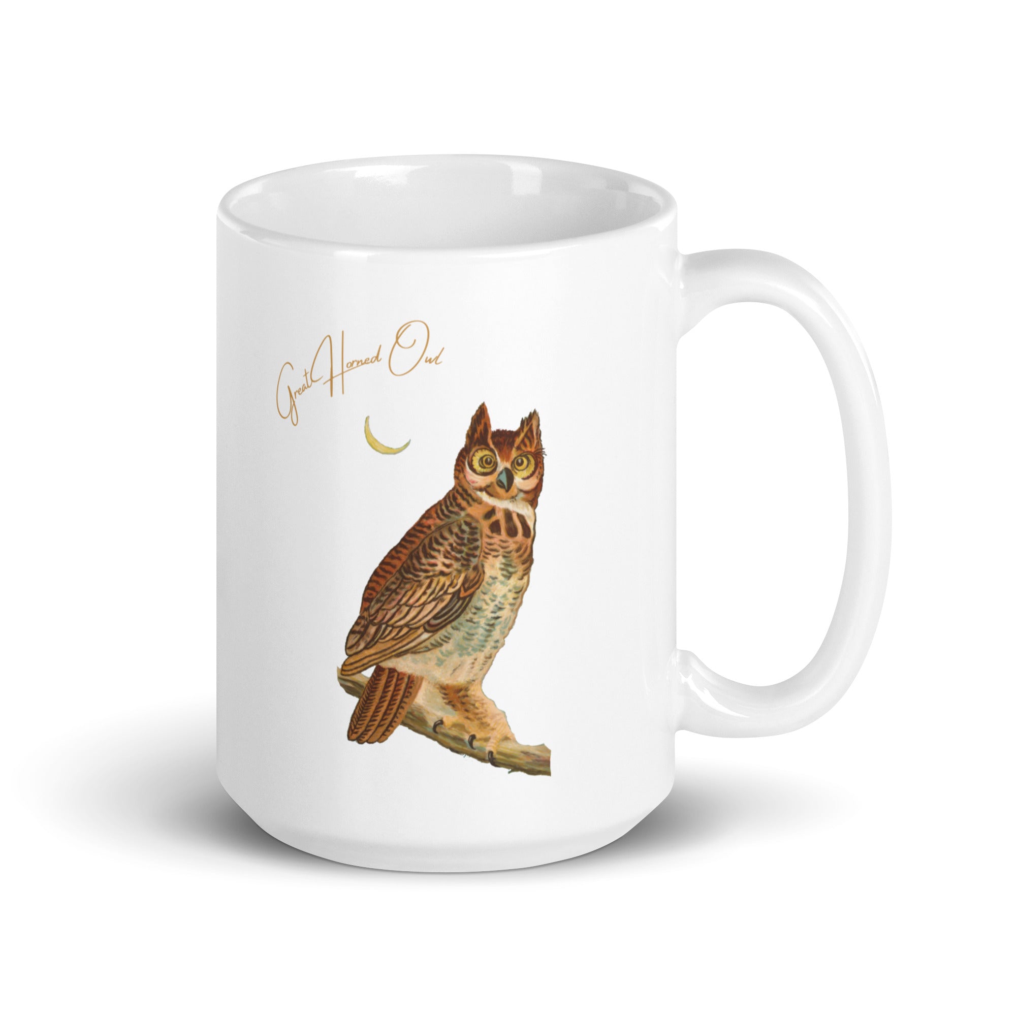 White 15oz mug with a vintage illustration of a Great Horned Owl and the words "Great Horned Owl" next to the bird.