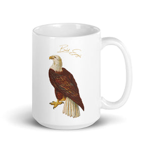 White 15oz mug with a vintage illustration of a Bald Eagle and the words "Bald Eagle" next to the bird.