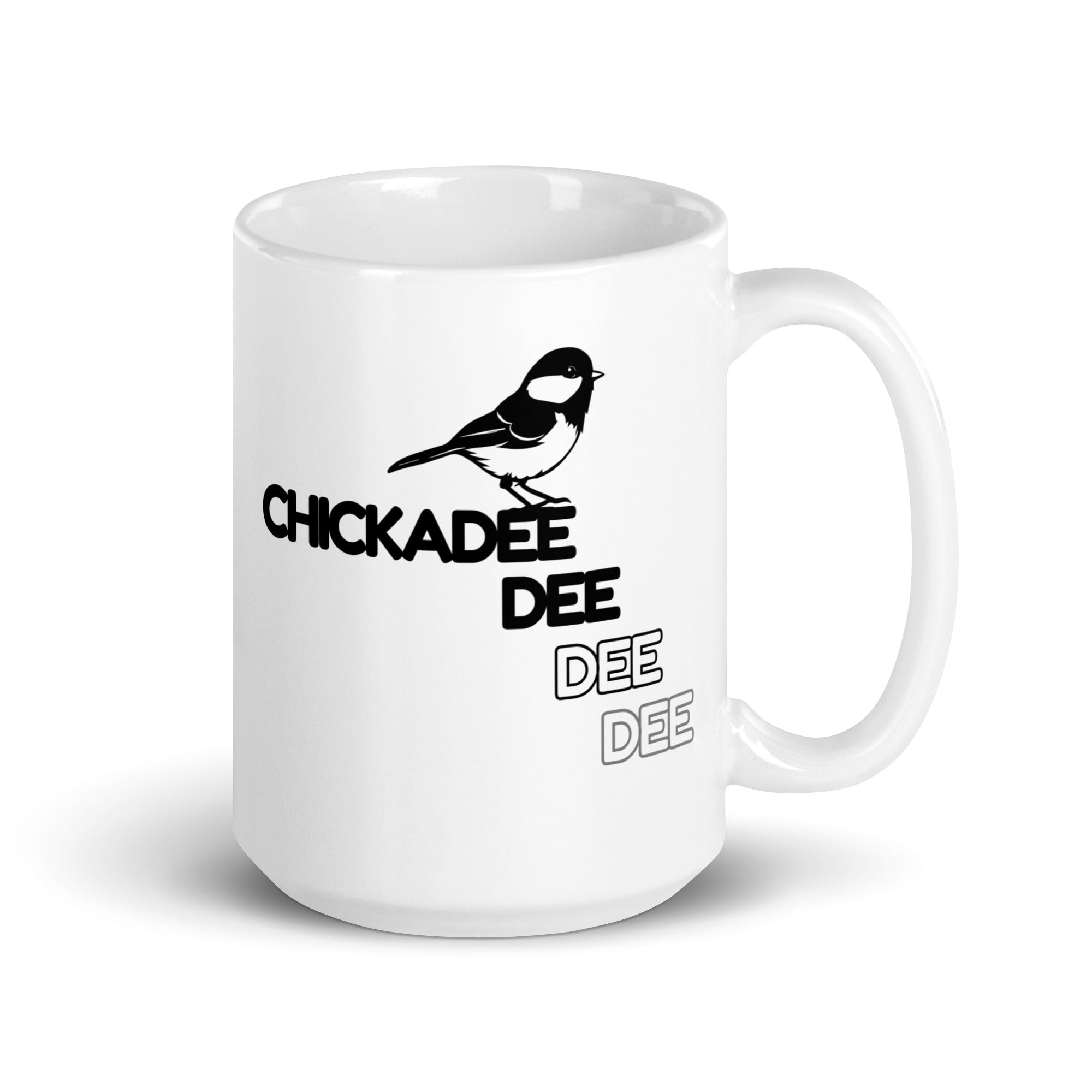 15 oz white Chickadee mug with handle to the right.