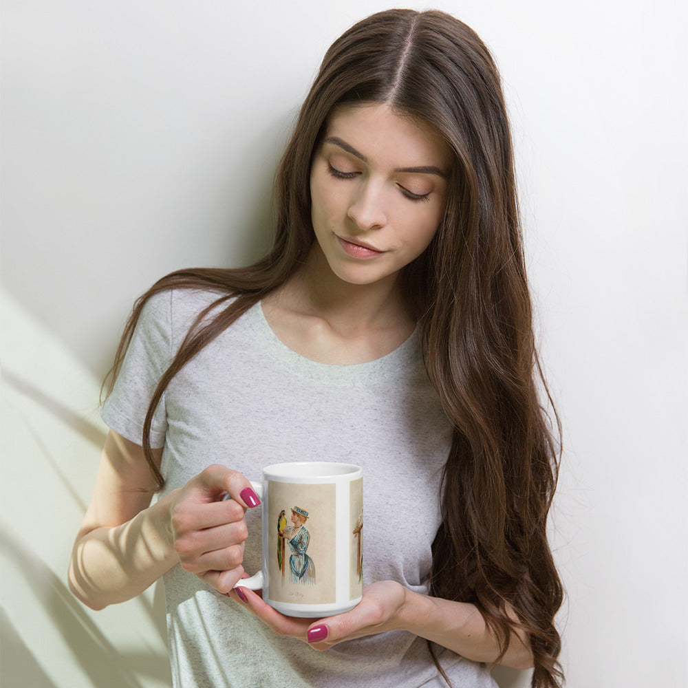 Bird mug. White coffee mug with three vintage remastered illustrations of girls in historical dress from the 1890s with birds.