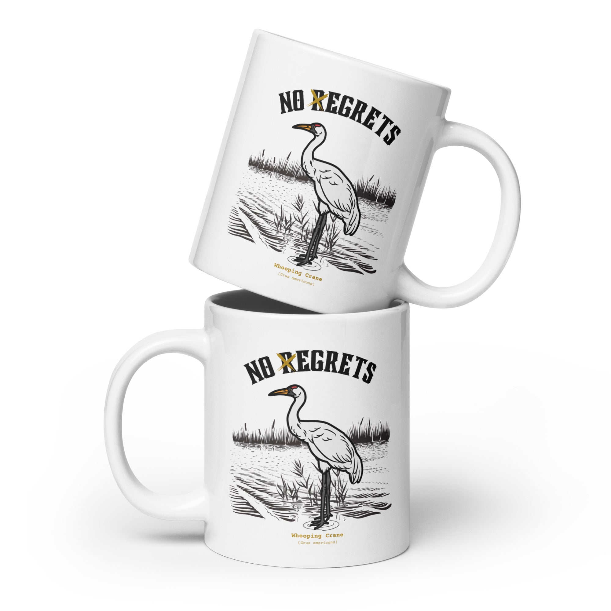 White 20-ounce mug featuring a play on the "No Regrets" tattoo that has the "R" crossed out to say "No Egrets" with a Whooping Crane below in a wetland setting. 