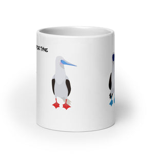 white glossy 20 ounce mug with illustrations of the blue-footed, red-footed and brown booby and the words, "I'm just here for the Sulidae." Mug handle to the back and not shown.