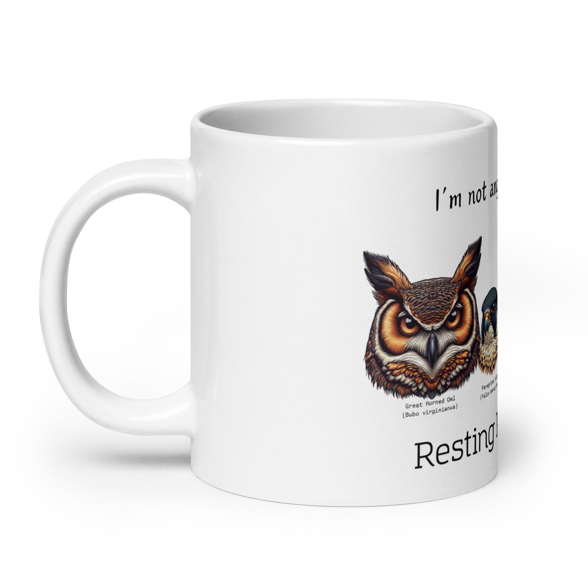 White 20oz mug with illustrations of a Great Horned Owl, Peregrine, Red-Tailed Hawk and Bald Eagle and the words "I'm Not Angry, I have RRF. Resting Raptor Face" above and below the birds..