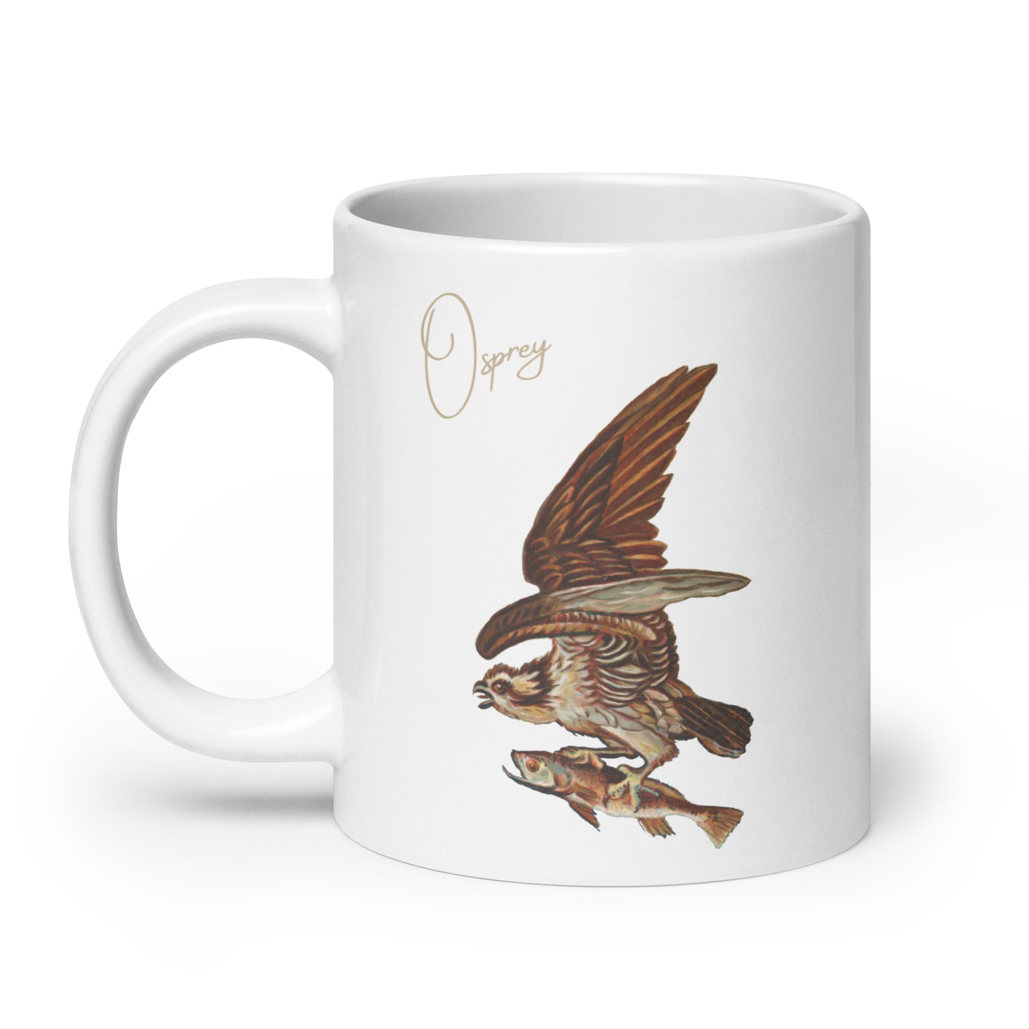 White 20oz mug with a vintage illustration of a Osprey in flight with a fish and the words "Osprey" next to the bird.