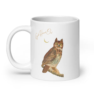 White 20oz mug with a vintage illustration of a Great Horned Owl and the words "Great Horned Owl" next to the bird.