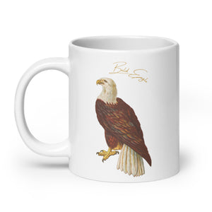 White 20oz mug with a vintage illustration of a Bald Eagle and the words "Bald Eagle" next to the bird.