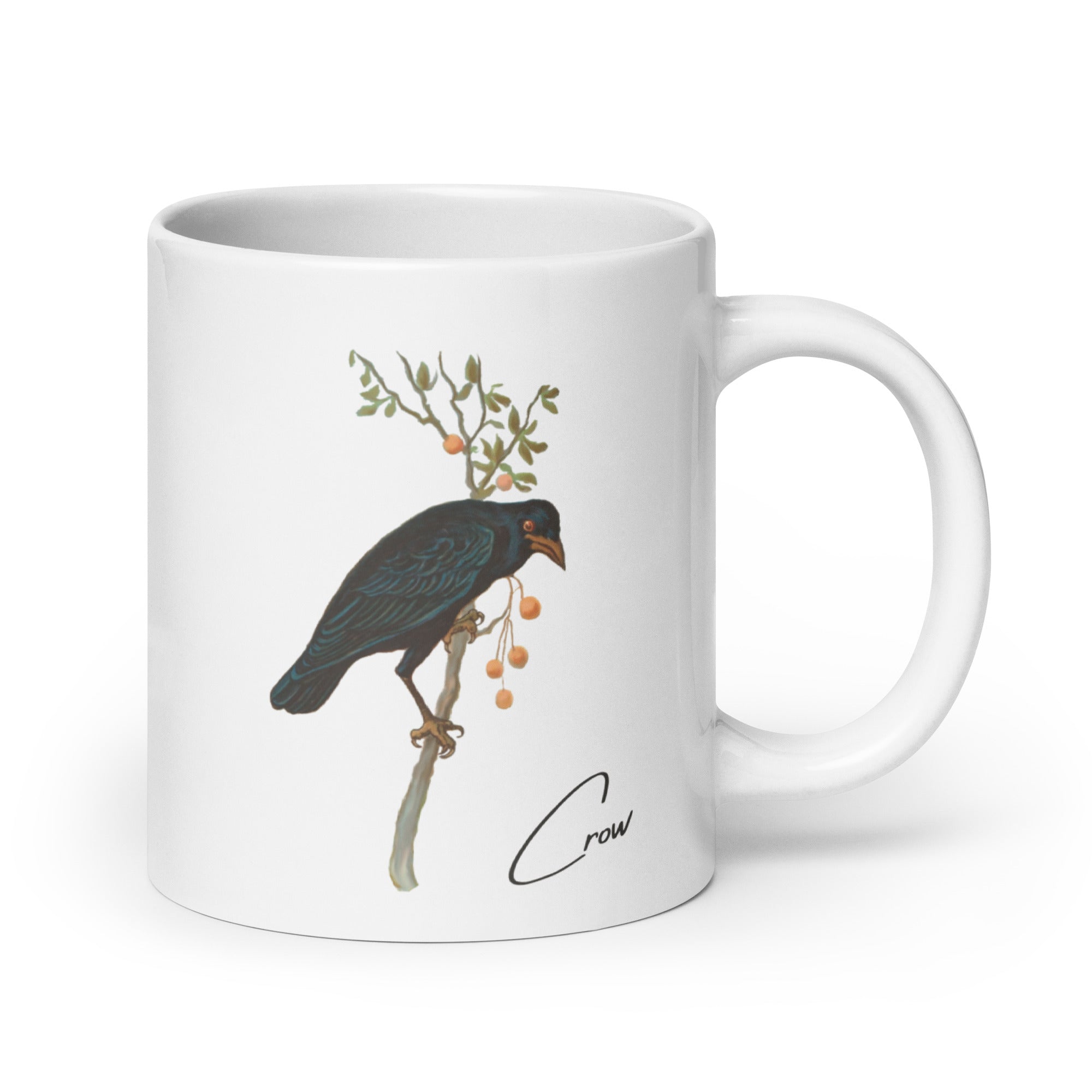 White 20oz mug with a vintage illustration of a Crow and the words "Crow" next to the bird.